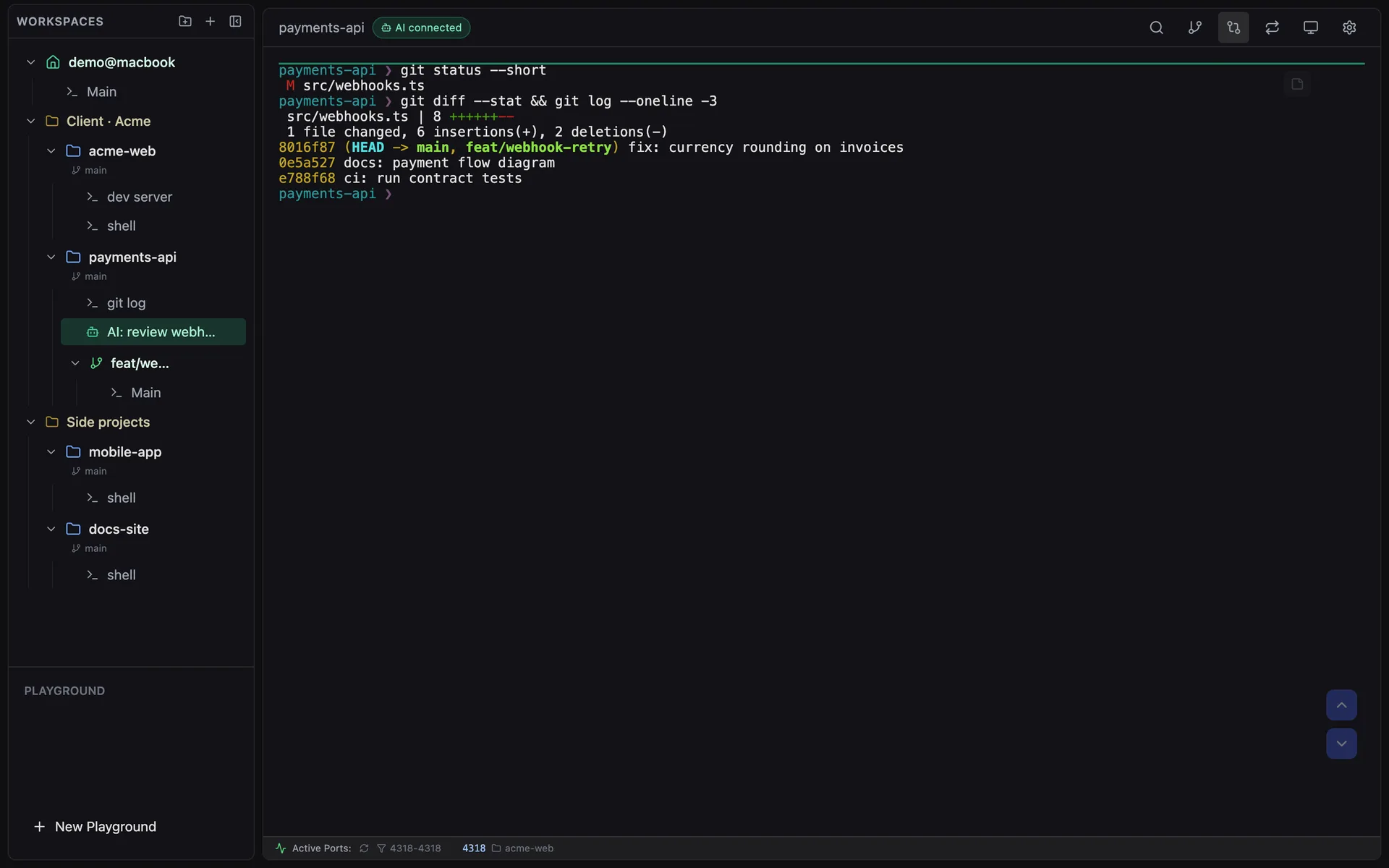 A session opened through the AI Control API, shown in green with an AI connected badge