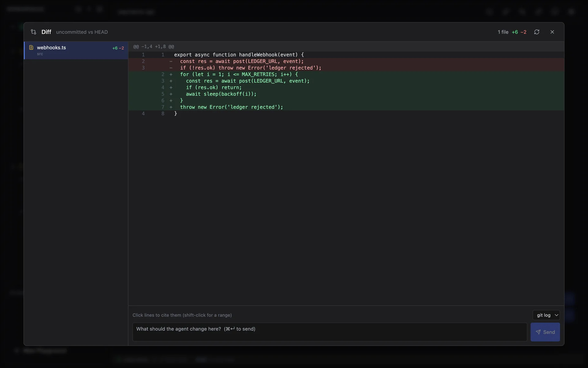 Diff review window with added and removed lines and a comment box that sends to a terminal