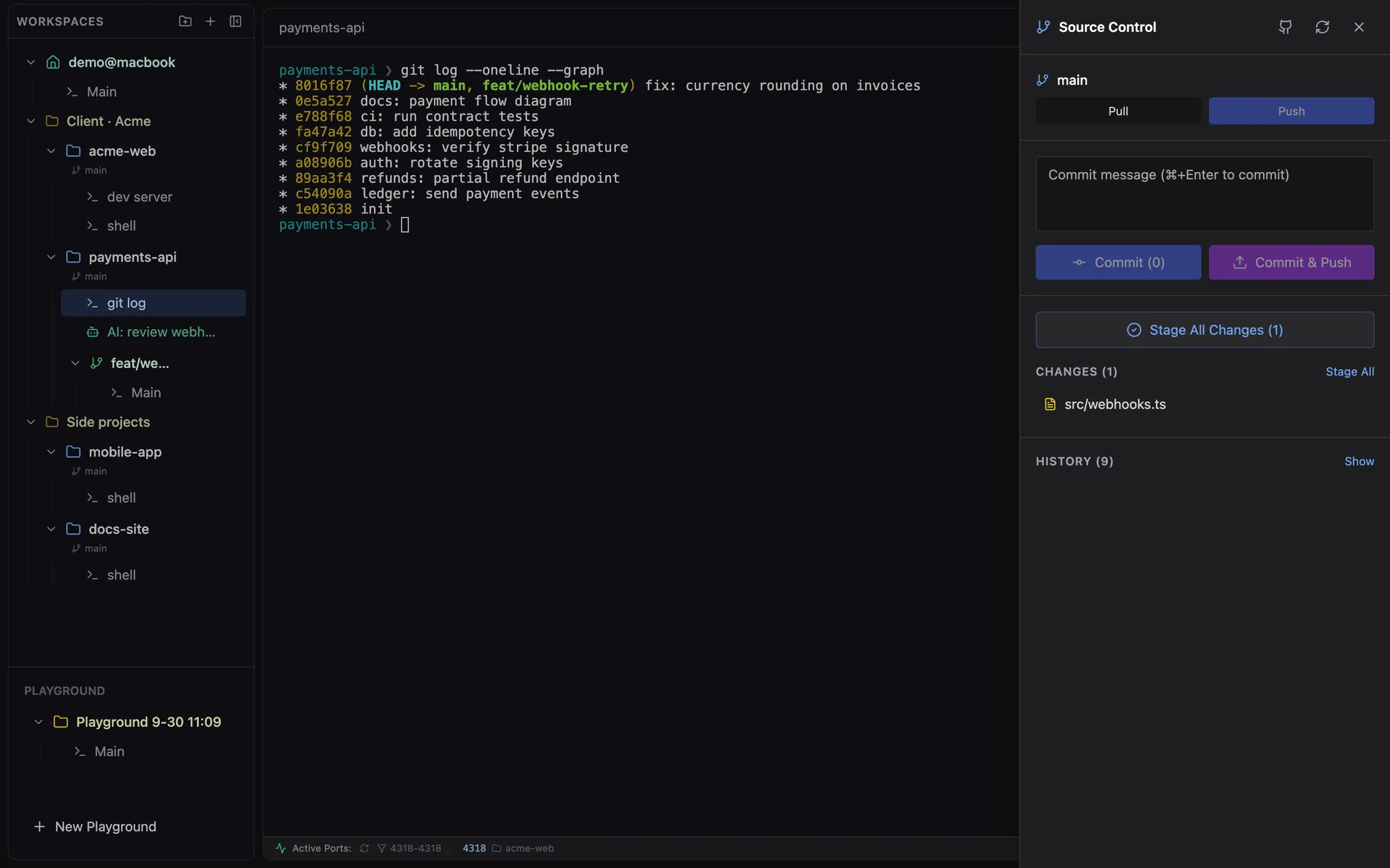 Source Control panel next to a git log, with a worktree branch in the sidebar
