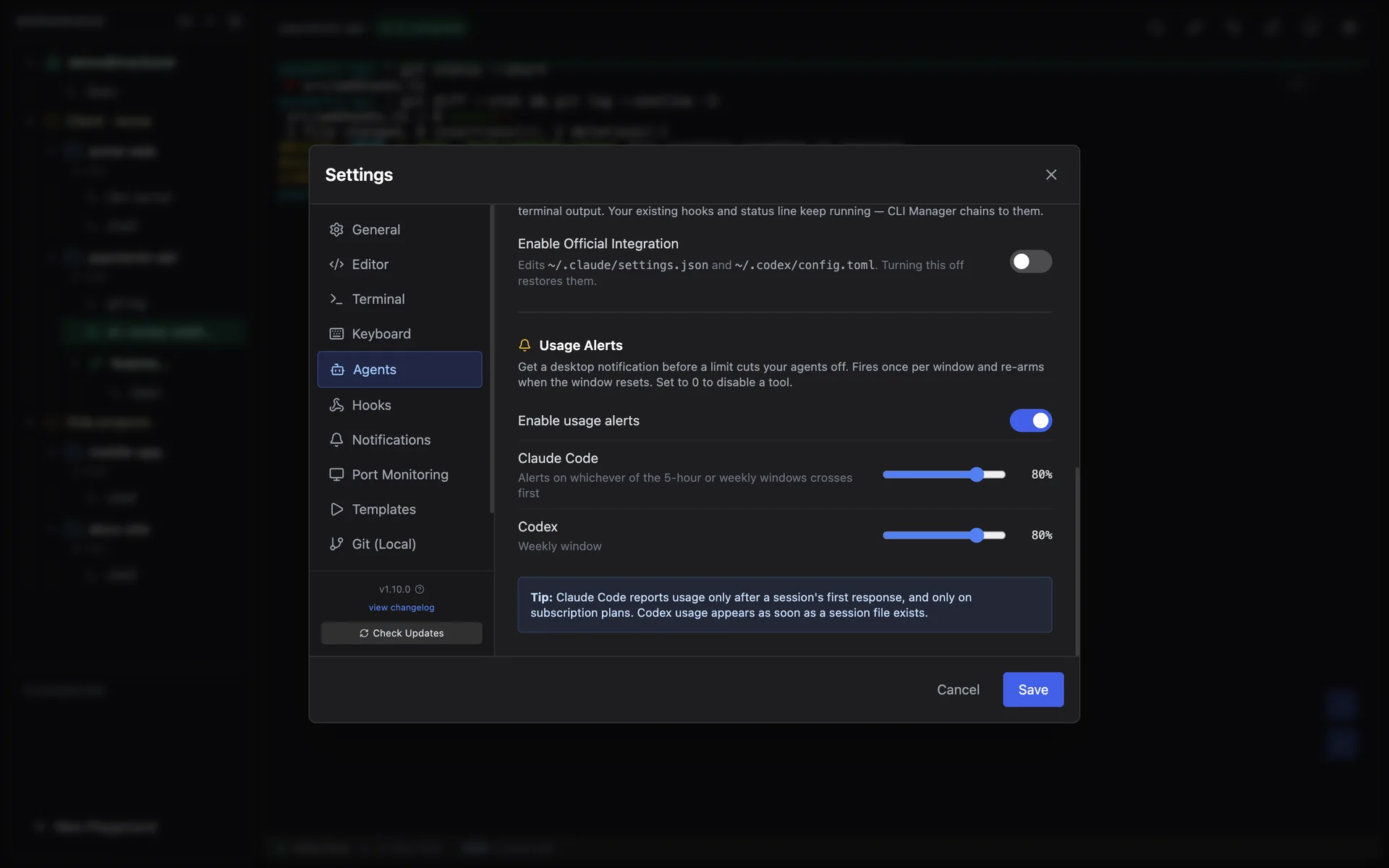 Agents settings with official hook integration and usage alert thresholds for Claude Code and Codex