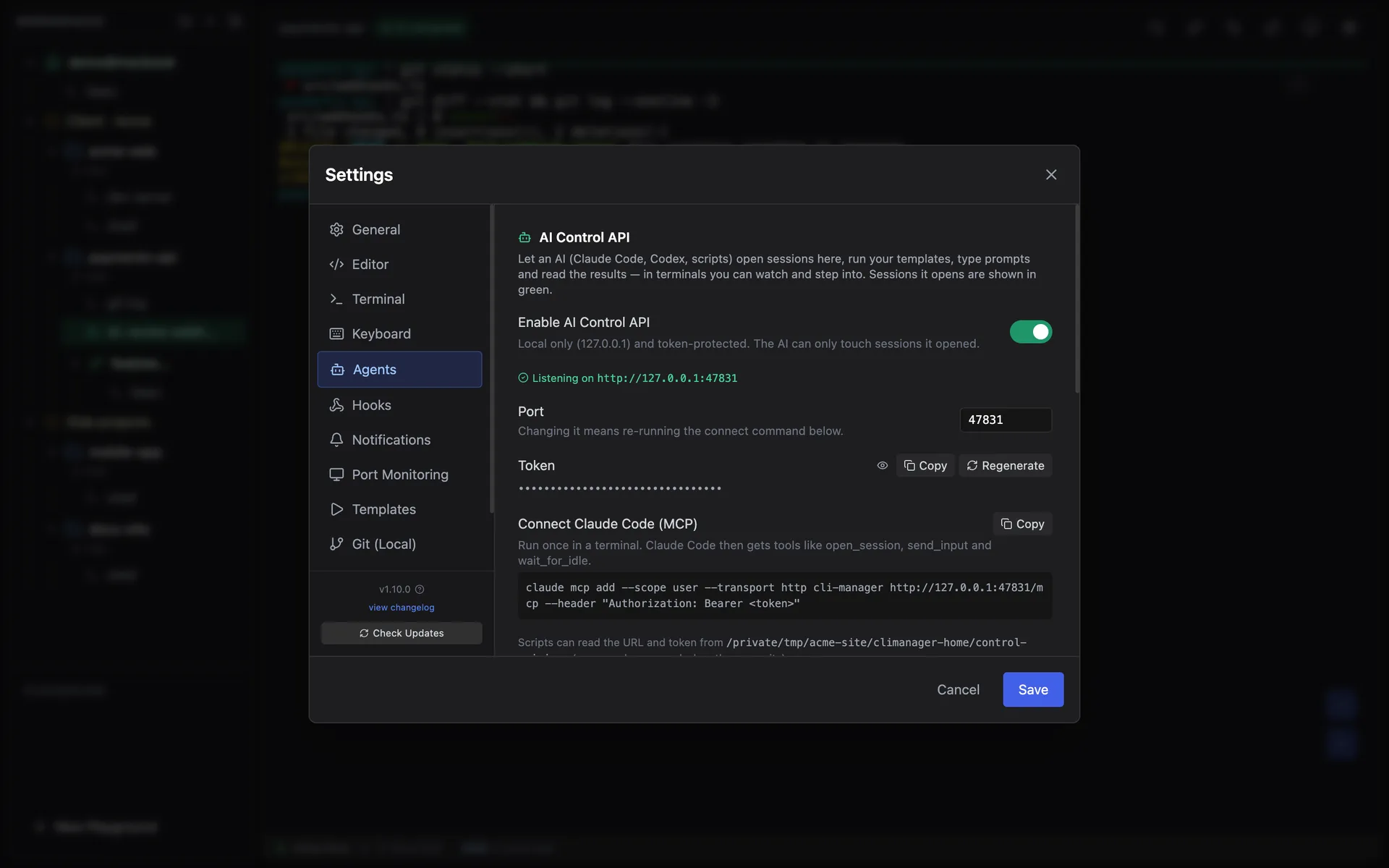Settings, Agents tab, AI Control API section with the enable switch, port, token and MCP command
